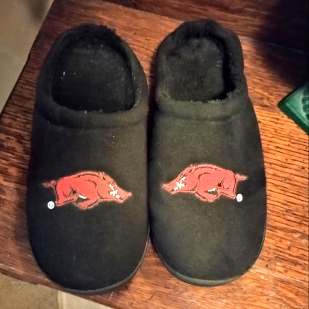 Men's Black Slippers with Red Razorback Logo Size L/XL
